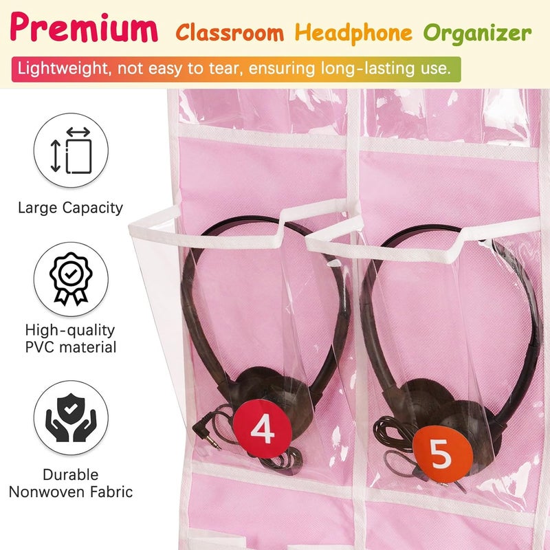 Olpchee 2 Pack Classroom Headphone Storage Organizer with 30 Pockets, PVC Clear Classroom Pocket Chart for Headphone Cell Phone Over-the-Door Hanging Headphone Holder Bag with 62 Labels(Pink) - Image 5
